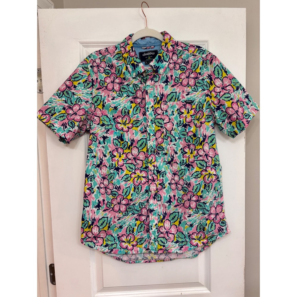 Chubbies Mens Large Short Sleeve Button Down Shirt Tropical Floral Pink Teal L